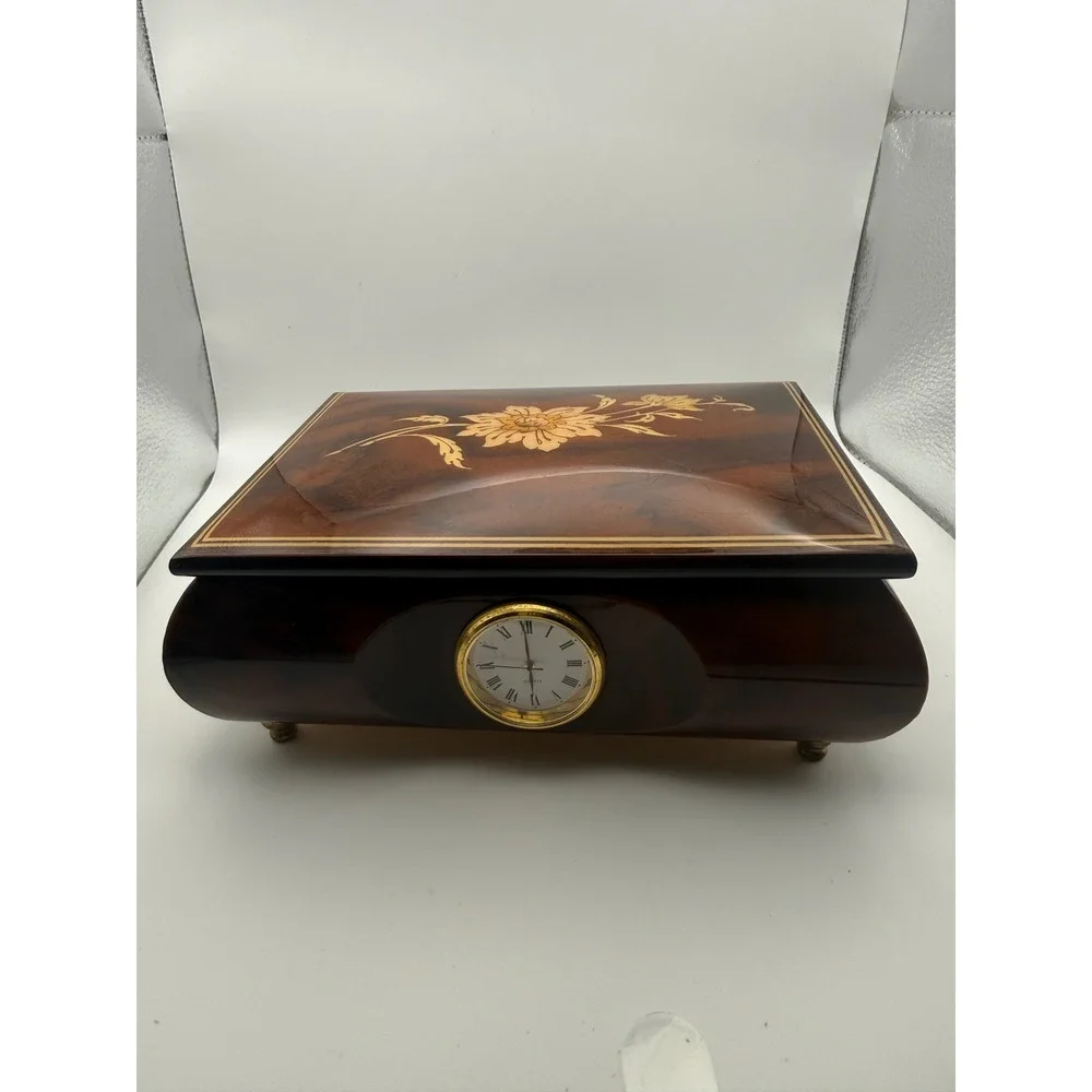 Vintage Romance Italian Inlaid Wood Jewelry Music Box Floral Marquetry Clock